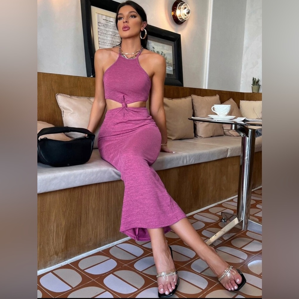 Pink Cut Out Tie Back Halter Dress